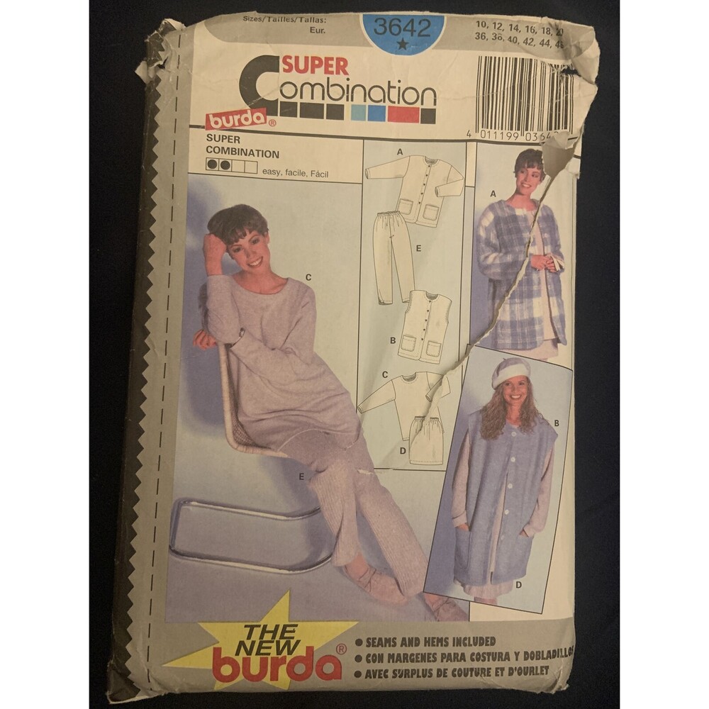 VTG Burda #3642 Jacket Vest Skirt Pants Tshirt Pattern Uncut FF Sz 10-20
